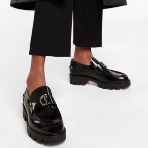 CHRISTIAN LOUBOUTIN CL Moc embellished Glossed-leather loafers Size 9.5 EU 39.5